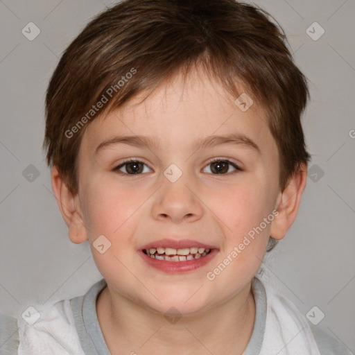 Joyful white child female with short  brown hair and brown eyes
