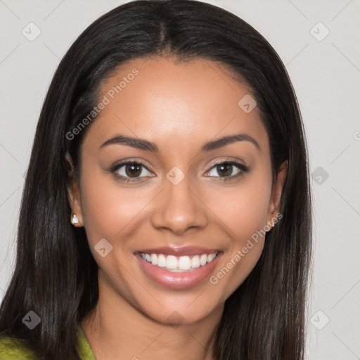 Joyful latino young-adult female with long  brown hair and brown eyes