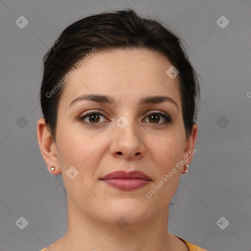 Joyful white young-adult female with short  brown hair and brown eyes