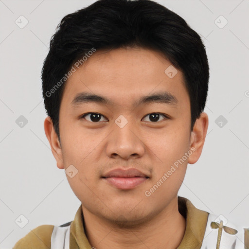 Neutral asian young-adult male with short  black hair and brown eyes