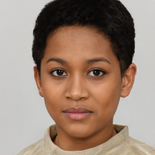 Neutral latino young-adult female with short  black hair and brown eyes