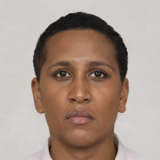 Neutral black young-adult female with short  brown hair and brown eyes