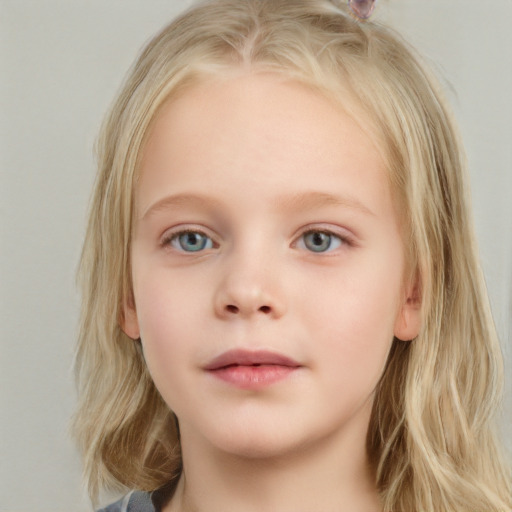 Neutral white child female with medium  brown hair and blue eyes