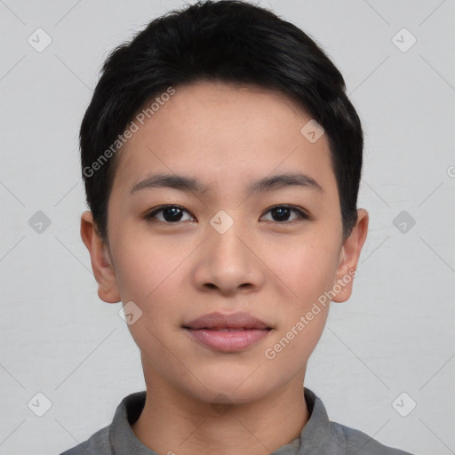 Joyful asian young-adult female with short  black hair and brown eyes