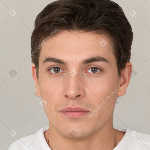 Neutral white young-adult male with short  brown hair and brown eyes