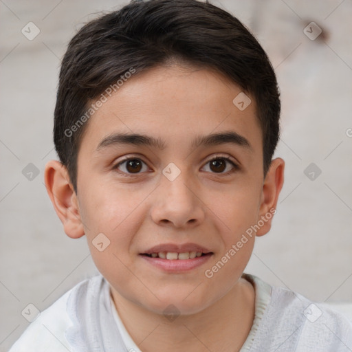 Joyful white child male with short  brown hair and brown eyes