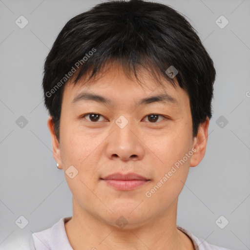 Neutral asian young-adult male with short  brown hair and brown eyes