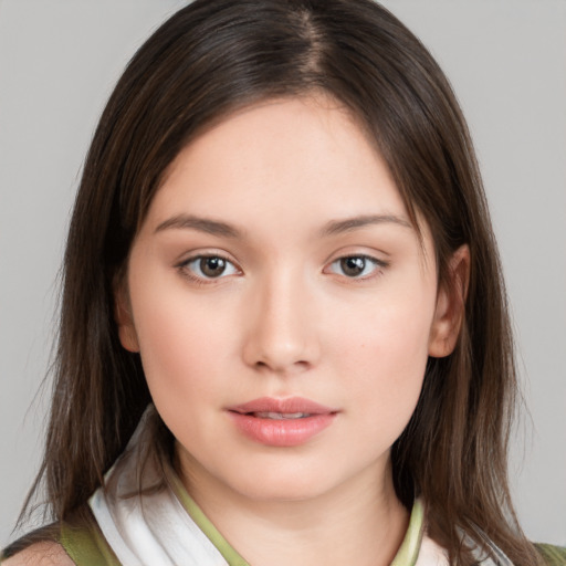 Neutral white young-adult female with medium  brown hair and brown eyes