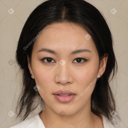 Neutral asian young-adult female with medium  brown hair and brown eyes