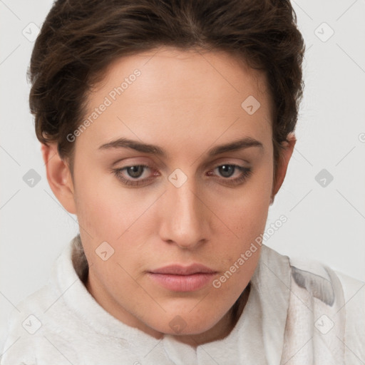 Neutral white young-adult female with short  brown hair and brown eyes