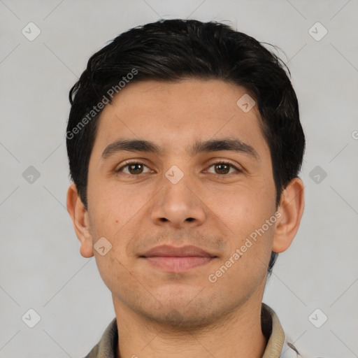 Neutral latino young-adult male with short  black hair and brown eyes