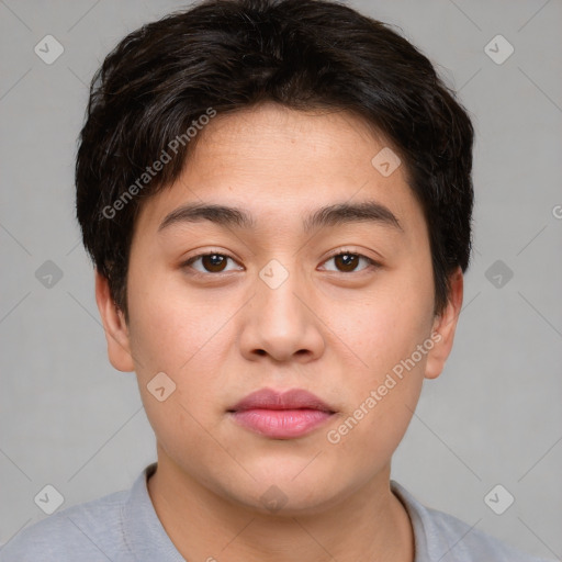 Neutral asian young-adult male with short  brown hair and brown eyes