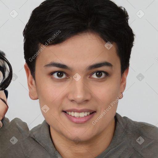 Joyful white young-adult female with short  brown hair and brown eyes