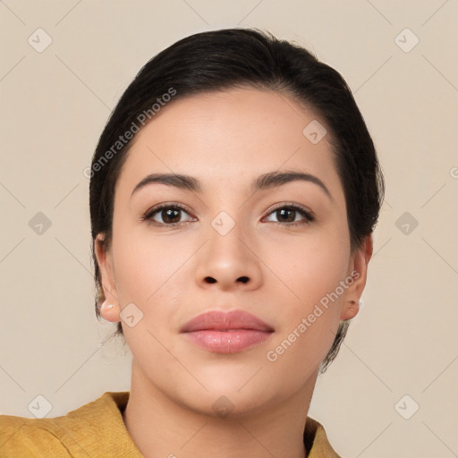 Neutral white young-adult female with short  brown hair and brown eyes