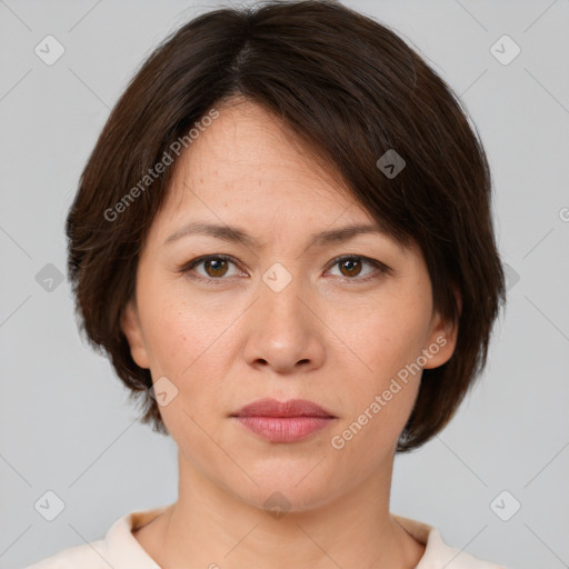 Neutral white young-adult female with medium  brown hair and brown eyes