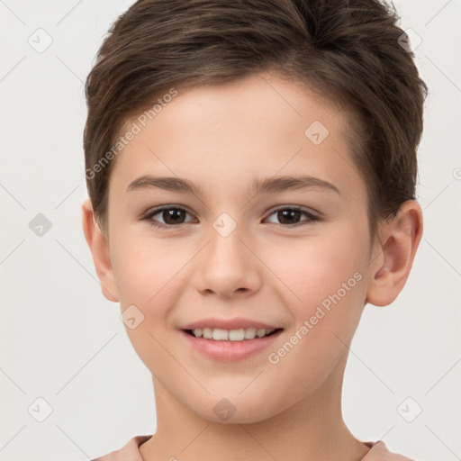 Joyful white child female with short  brown hair and brown eyes