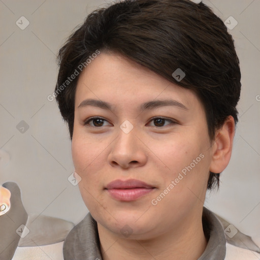 Joyful white young-adult female with medium  brown hair and brown eyes