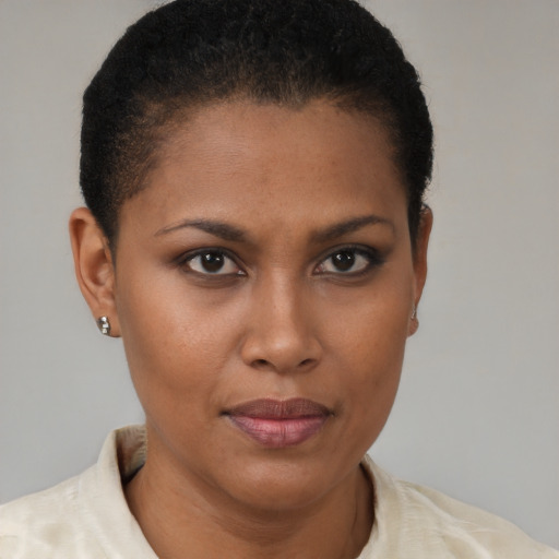 Joyful black young-adult female with short  brown hair and brown eyes