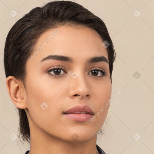 Neutral white young-adult female with medium  brown hair and brown eyes