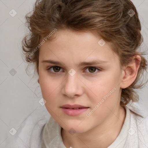 Joyful white child female with medium  brown hair and brown eyes