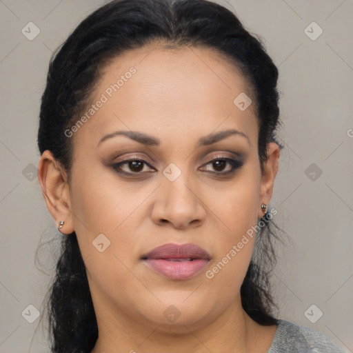 Joyful latino young-adult female with medium  brown hair and brown eyes
