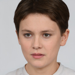 Neutral white young-adult female with short  brown hair and brown eyes