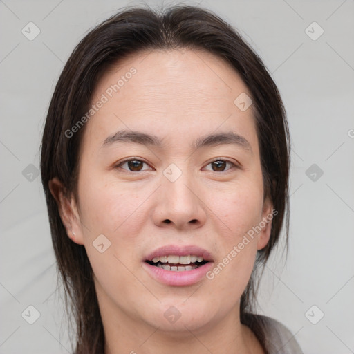 Joyful white young-adult female with medium  brown hair and brown eyes