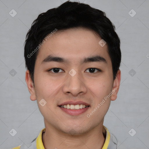 Joyful asian young-adult male with short  black hair and brown eyes