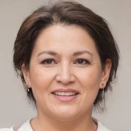 Joyful white adult female with medium  brown hair and brown eyes