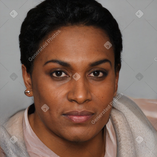 Joyful black young-adult female with short  black hair and brown eyes