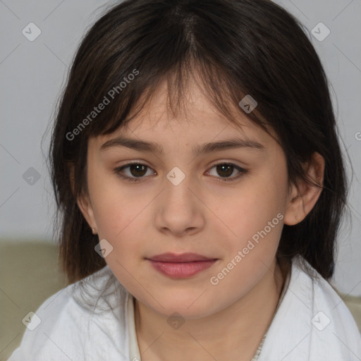 Joyful white child female with medium  brown hair and brown eyes