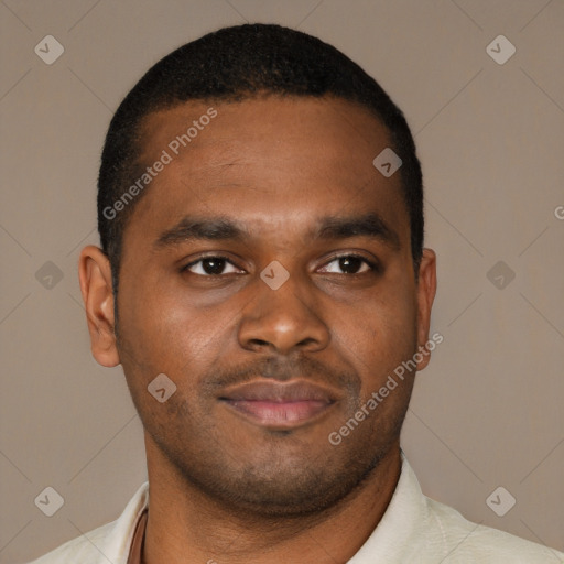 Joyful latino young-adult male with short  brown hair and brown eyes