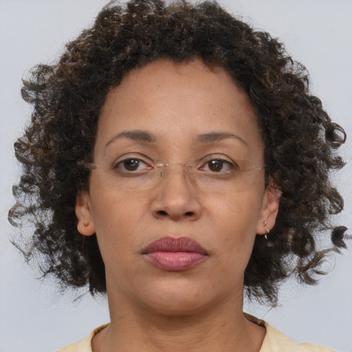 Neutral black adult female with medium  brown hair and brown eyes