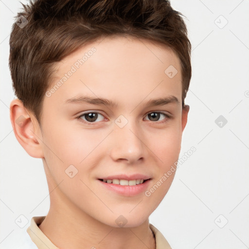 Joyful white child female with short  brown hair and brown eyes