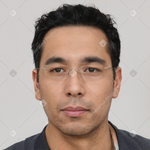 Neutral asian young-adult male with short  black hair and brown eyes