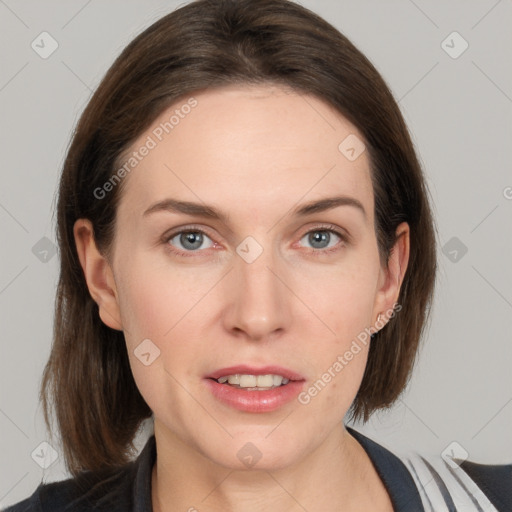 Neutral white young-adult female with medium  brown hair and grey eyes