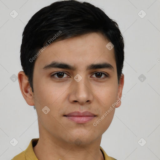 Neutral asian young-adult male with short  black hair and brown eyes