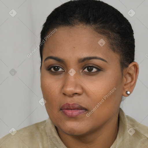 Joyful black young-adult female with short  brown hair and brown eyes