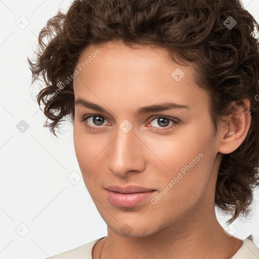 Neutral white young-adult female with medium  brown hair and brown eyes