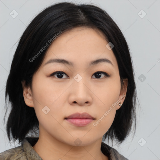 Neutral asian young-adult female with medium  black hair and brown eyes