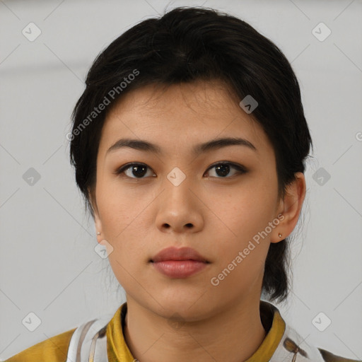 Neutral asian young-adult female with short  brown hair and brown eyes