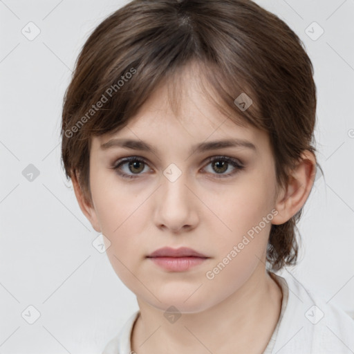 Neutral white young-adult female with medium  brown hair and brown eyes