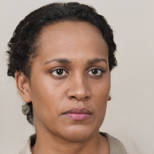 Neutral black adult female with short  brown hair and brown eyes