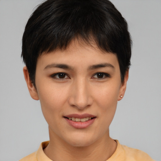 Joyful asian young-adult female with short  brown hair and brown eyes