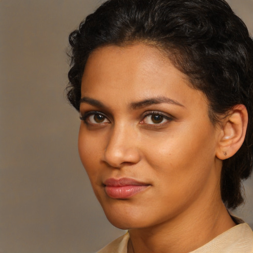 Neutral latino young-adult female with short  brown hair and brown eyes