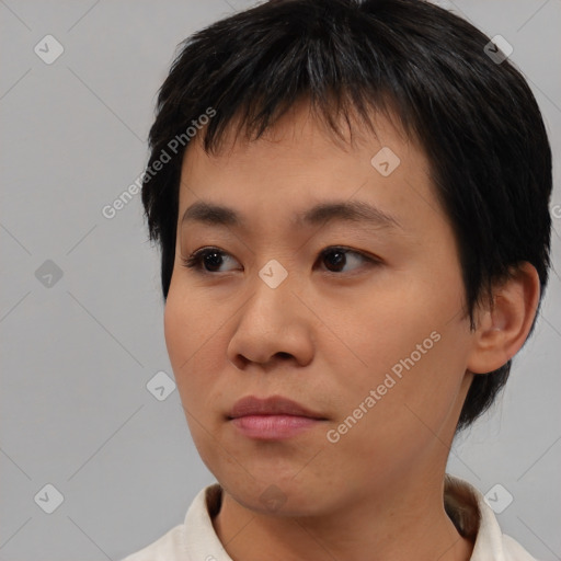 Neutral asian young-adult male with short  black hair and brown eyes