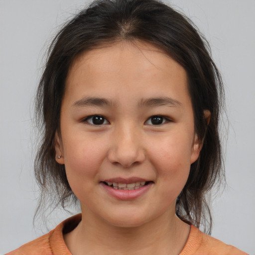 Joyful asian child female with medium  brown hair and brown eyes