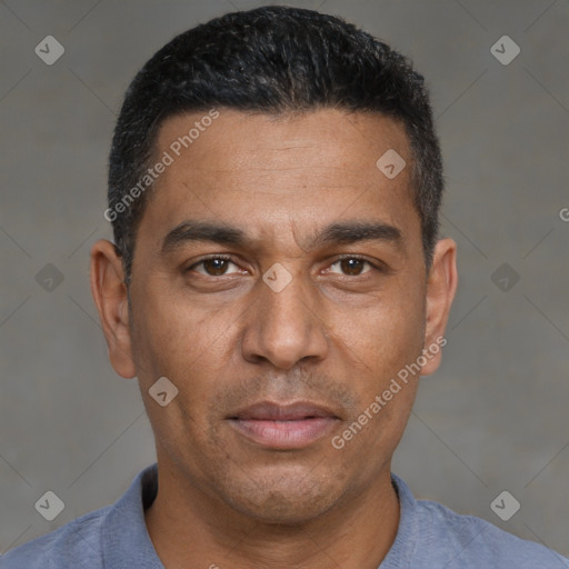 Neutral white adult male with short  black hair and brown eyes