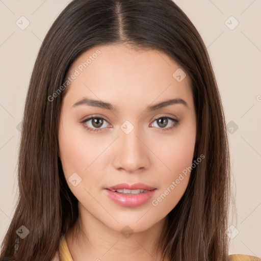 Neutral white young-adult female with long  brown hair and brown eyes