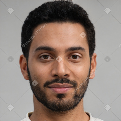 Neutral latino young-adult male with short  black hair and brown eyes